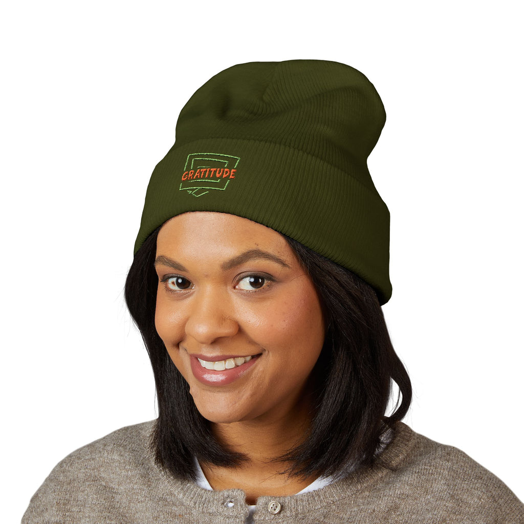Gratitude Embroidered Cuffed Beanie — Cozy Knit Hat with Positive Patch