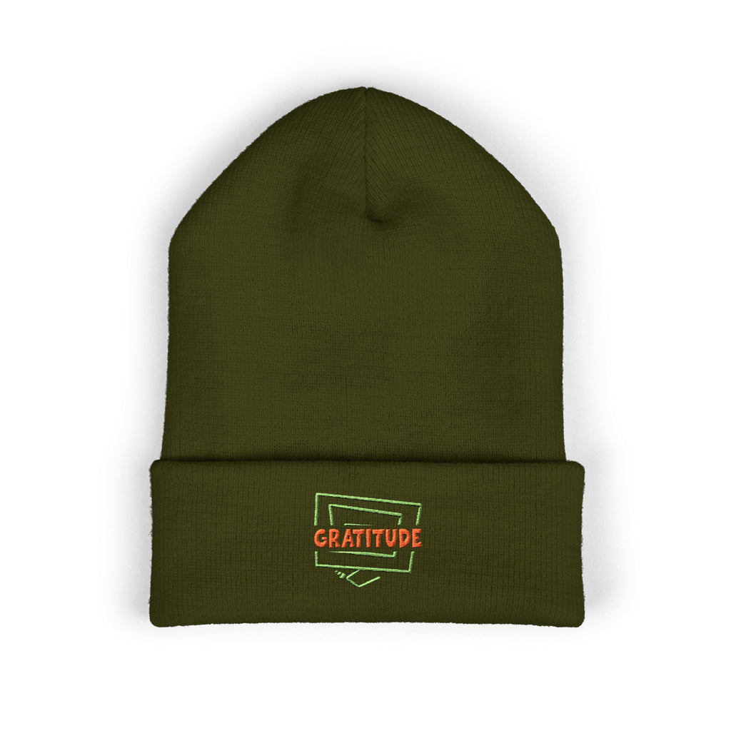 Gratitude Embroidered Cuffed Beanie — Cozy Knit Hat with Positive Patch