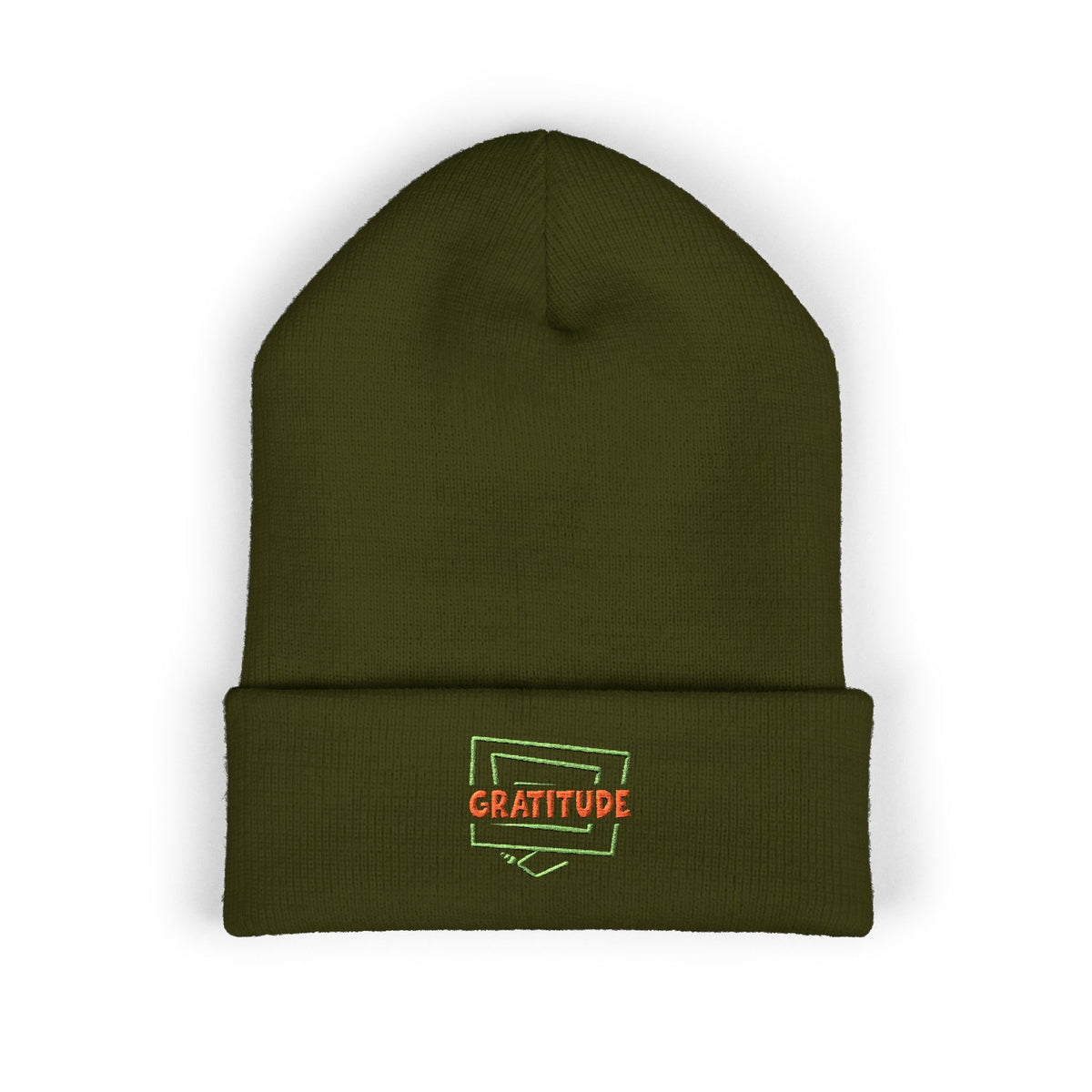 Gratitude Embroidered Cuffed Beanie — Cozy Knit Hat with Positive Patch